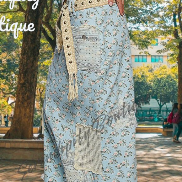 POL Boho Pastels with a Grunge Flare Patchwork Floral Raw Edge Denim Jean Skirt - Picture 4 of 8